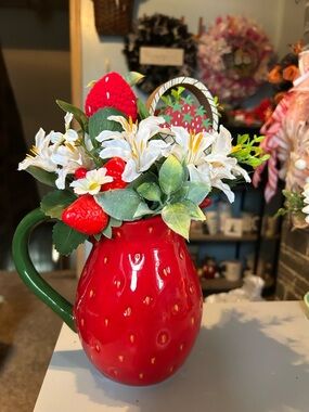 Hand Crafted Red Strawberry Pitcher with Faux White Floral Bouquet
